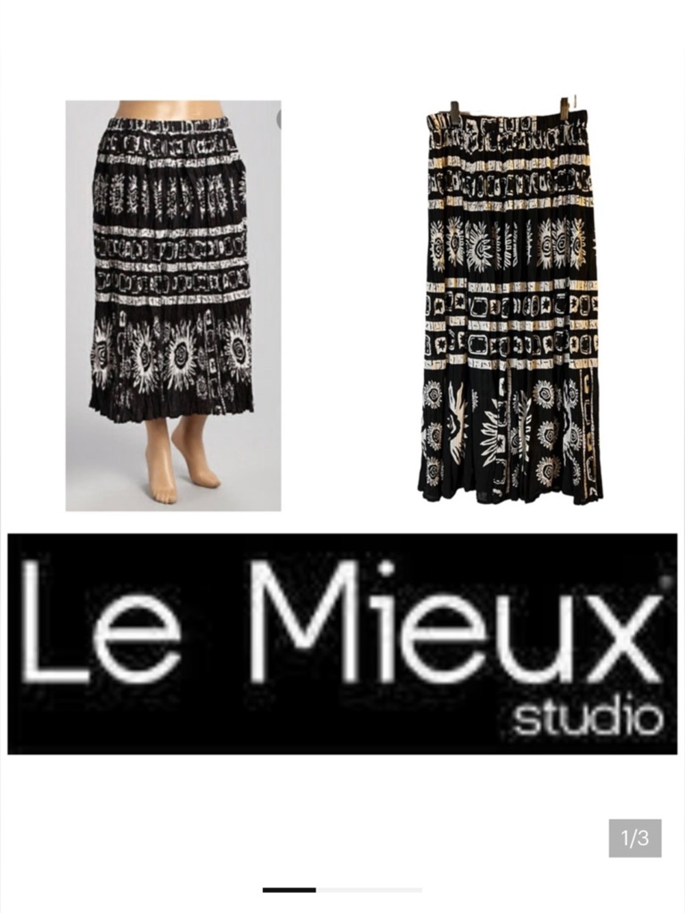 Le Mieux Studio Black and White Sunflower Broomstick Skirt Made in India Boho